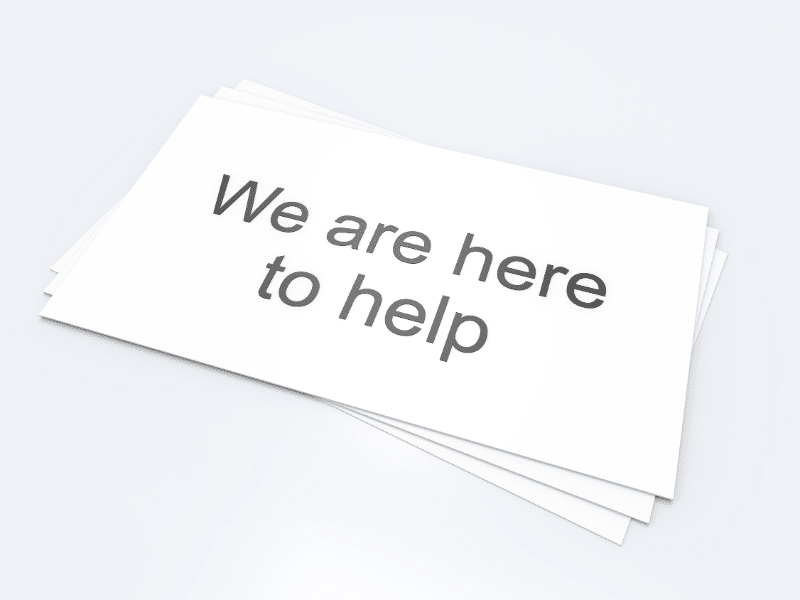 Index cards that say we are here to help.