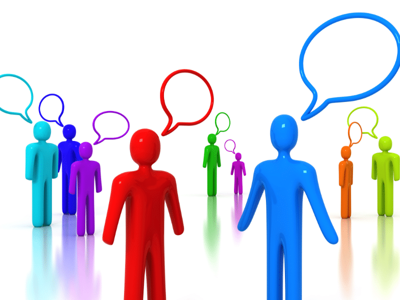 Cartoon people with empty speech bubbles.
